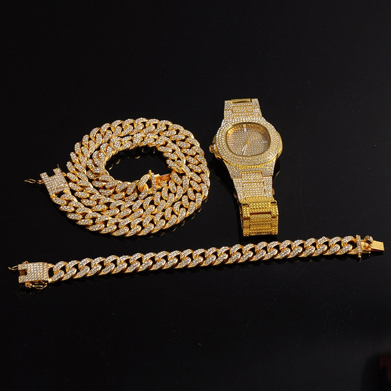 14k Gold 925 Silver Flooded Ice Miami Cuban Link Necklace Watch Bracelet Jewelry Set