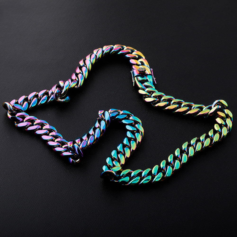 14mm Stainless Steel Fashion Rainbow Color Cuban Link Hip Hop Chain Necklace