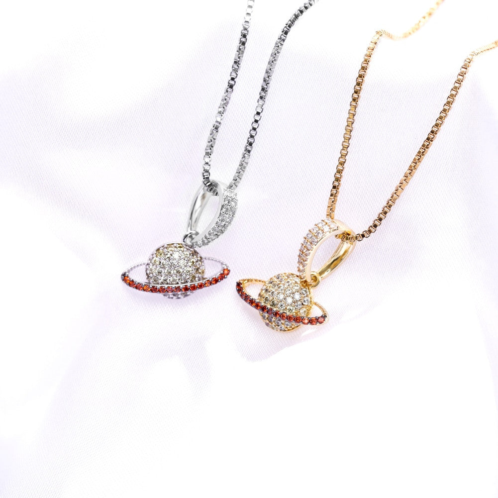 Ladies Love Orbit Solid 925 Sterling Silver Planet AAA Micro Pave Pendant Necklace