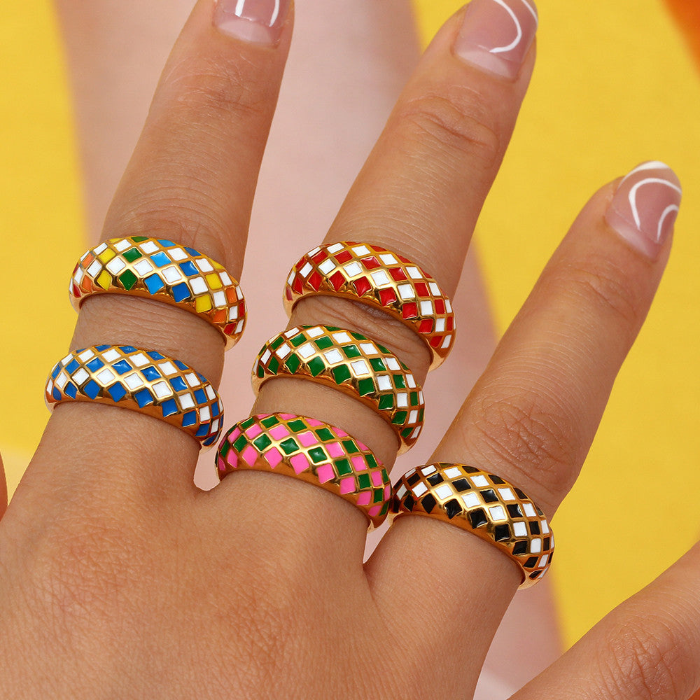 18k Gold Stainless Steel Designer Tarnish Free Colorful Checker Rings