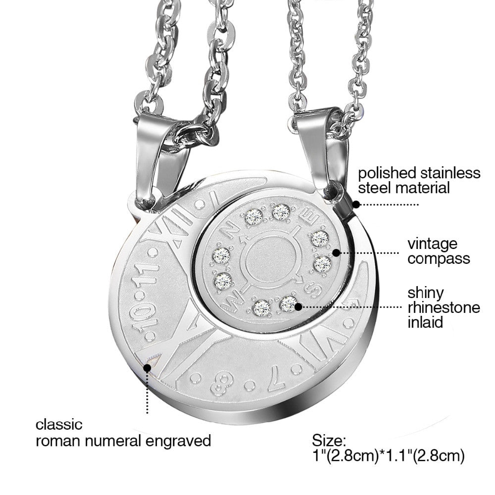 Couples Lovers No Fade Stainless Steel Eternal Love Compass Bling Bling Pendant Chain Necklace