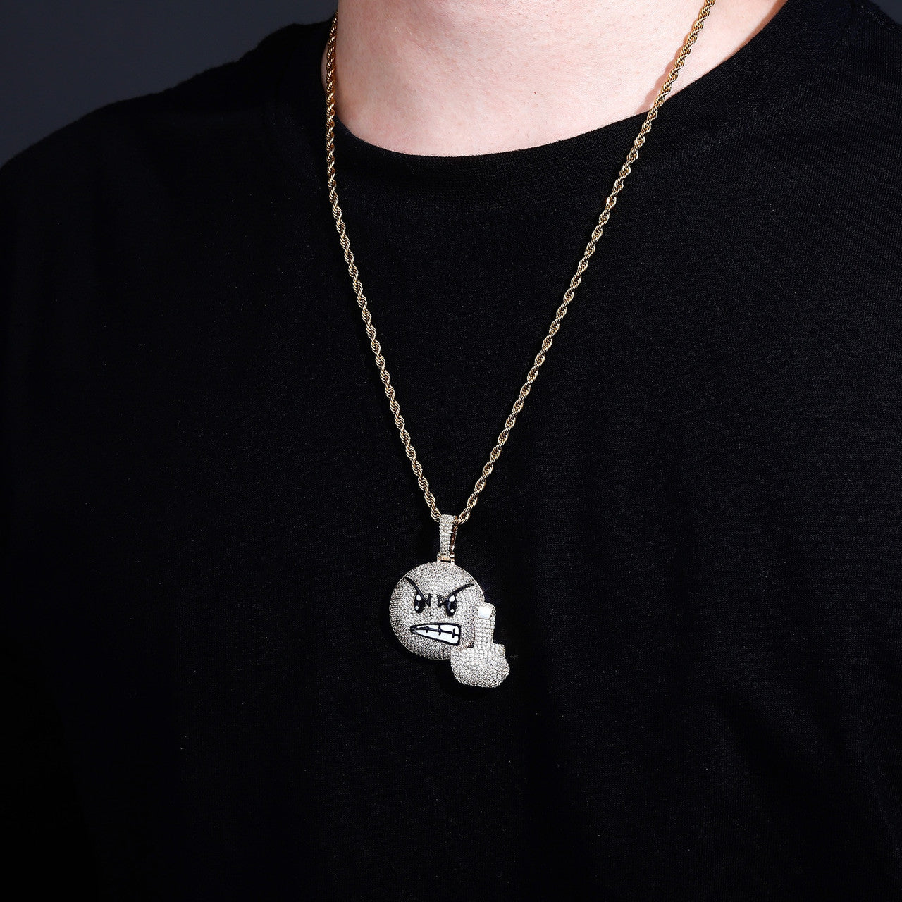 Mens New Bling Angry Face Middle Finger Emoji AAA Simulate Diamond Flooded Ice Pendant