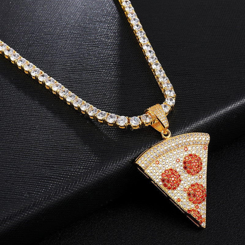 Hip Hop Full AAA Micro Pave Simulate Diamond Slice of the Pie Pizza Hip Hop Pendant Chain Necklace