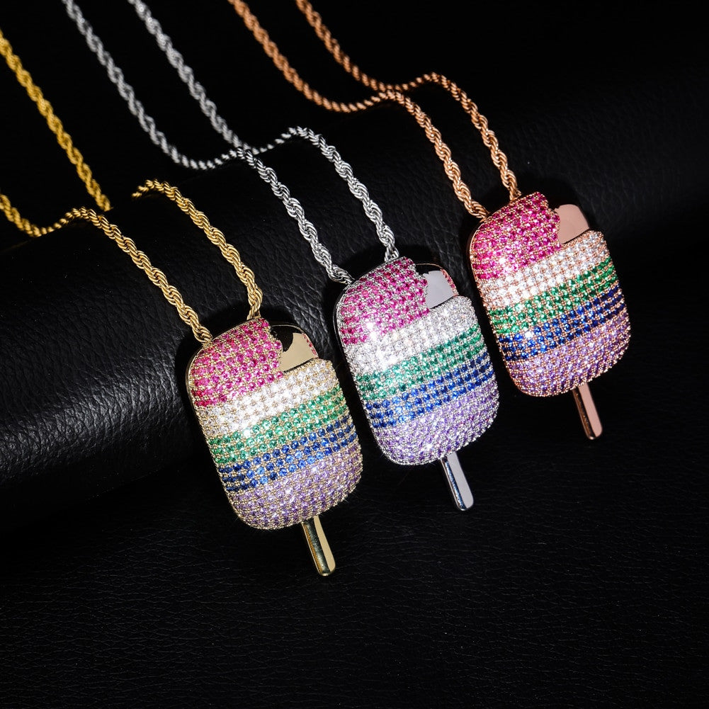 Multi Colored 3A+ Micro Pave Ice Cream Hip Hop Pendant Chain Necklace