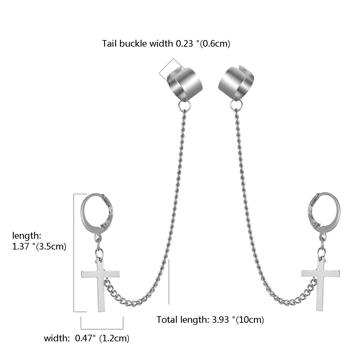 Silver Black Gold Street Wear Punk Rock Cuff Chain Cross Stainless Steel Earrings