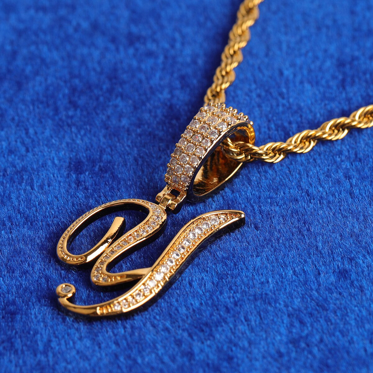 24k Gold .925 Silver 5A Simulate Diamond Cursive Letter Bling Bling Chain Necklace