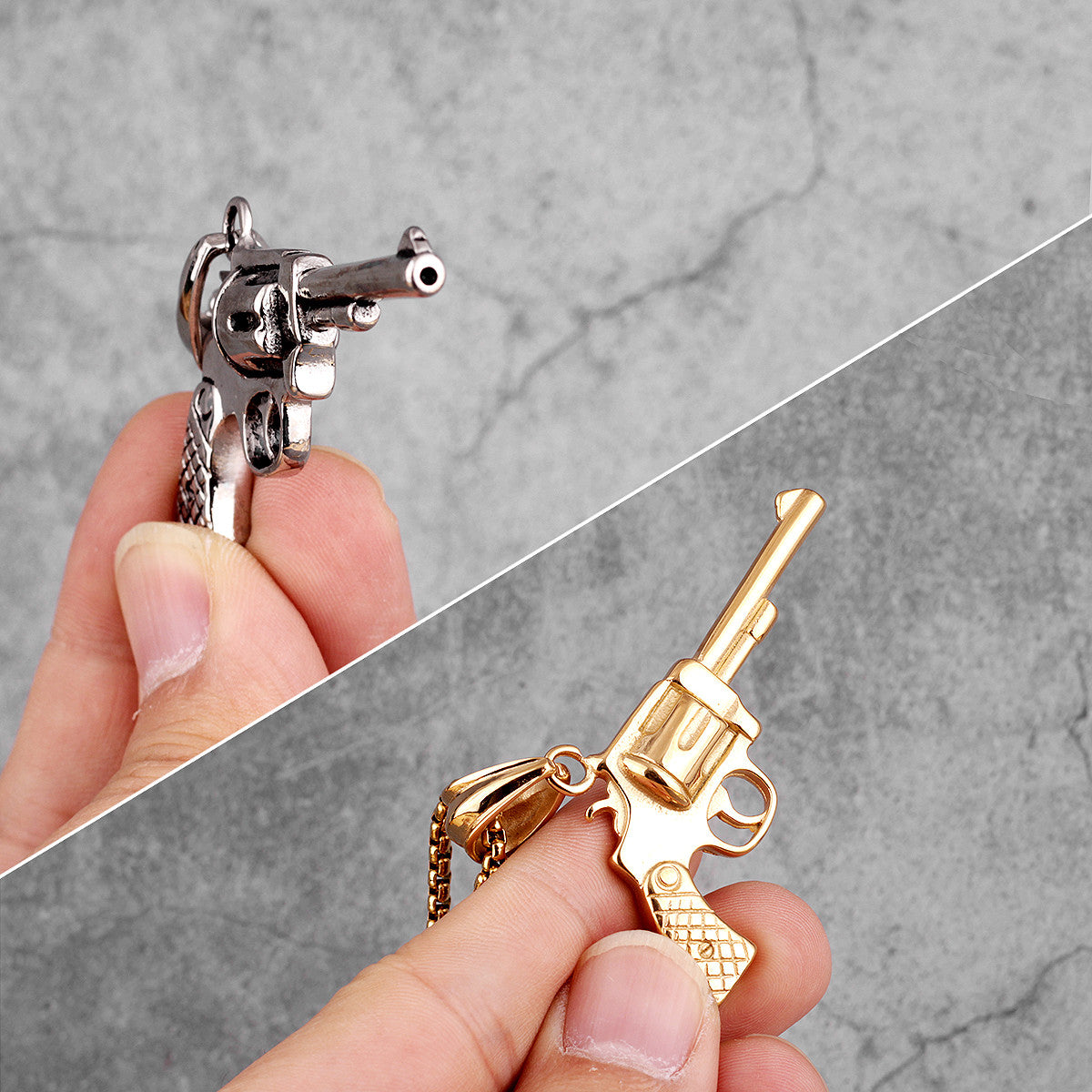 Hot Revolver | Hip Hop 14k Gold over No Fade Stainless Steel Pistol Pendant Chain