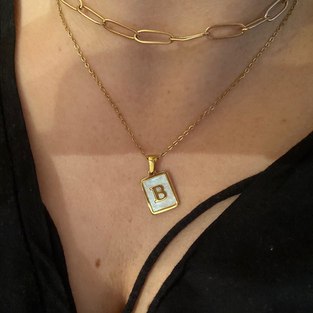 18k Gold Over Stainless Steel Mother of Pearl Shell Tarnish Free Initial Necklace