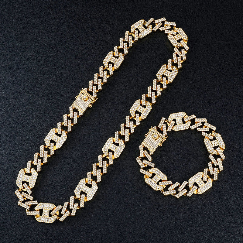 17mm 18k Gold .925 Silver Designer Princes Cut Flooded Ice Cuban Link Bracelet Chain Jewelry Set