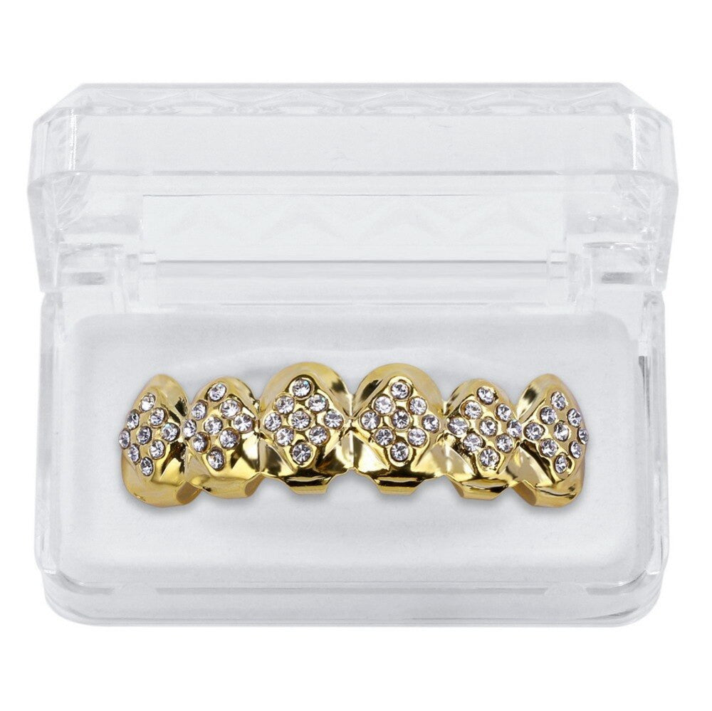 14k Gold Flooded Simulated Diamond Ice Hip Hop Teeth Tooth Grillz Top Bottom Set