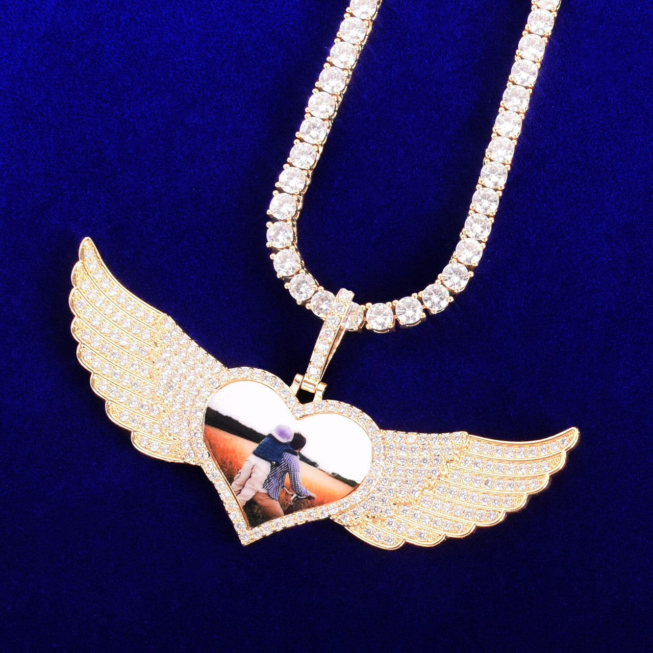 18k Gold 925 Silver Rose Gold Solid Back Wings Big Heart Custom Photo Pendant Chain Necklaces