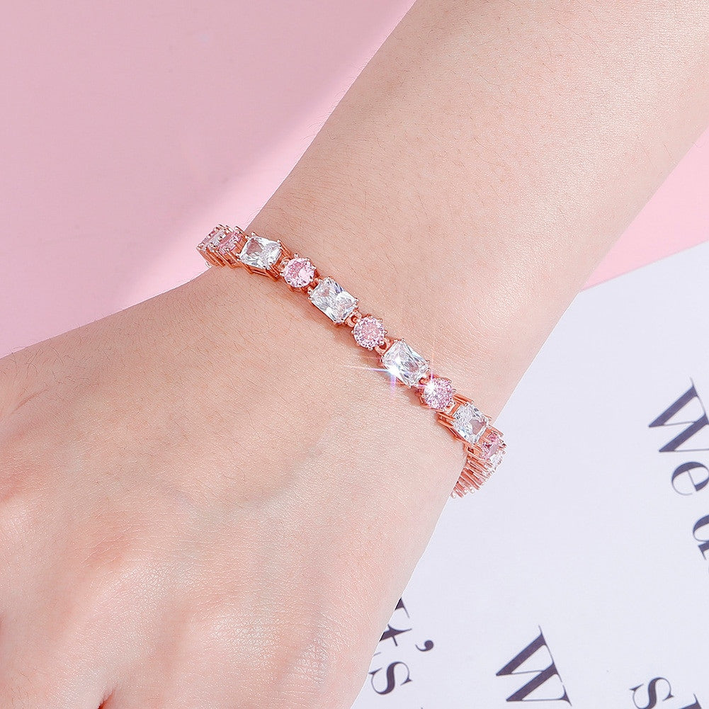 Ladies Silver Pink High Quality Square Round 6mm Fashion Bling Baguette Bracelet