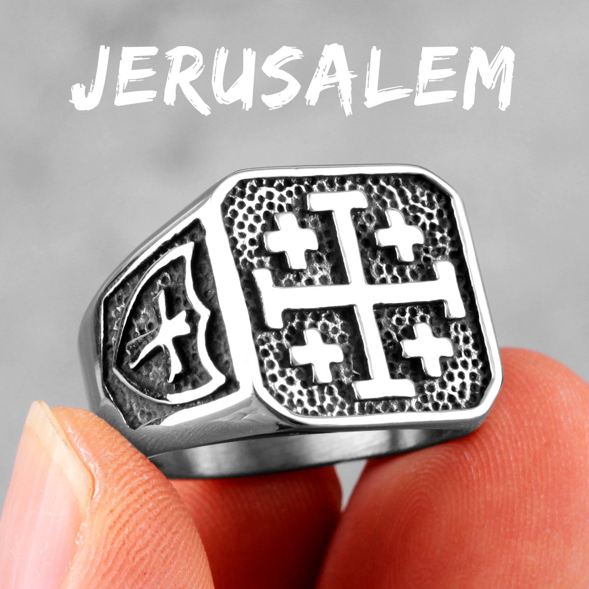 Jerusalem | No Fade Stainless Steel Spiritual Retro Protection Cross Men's Ring