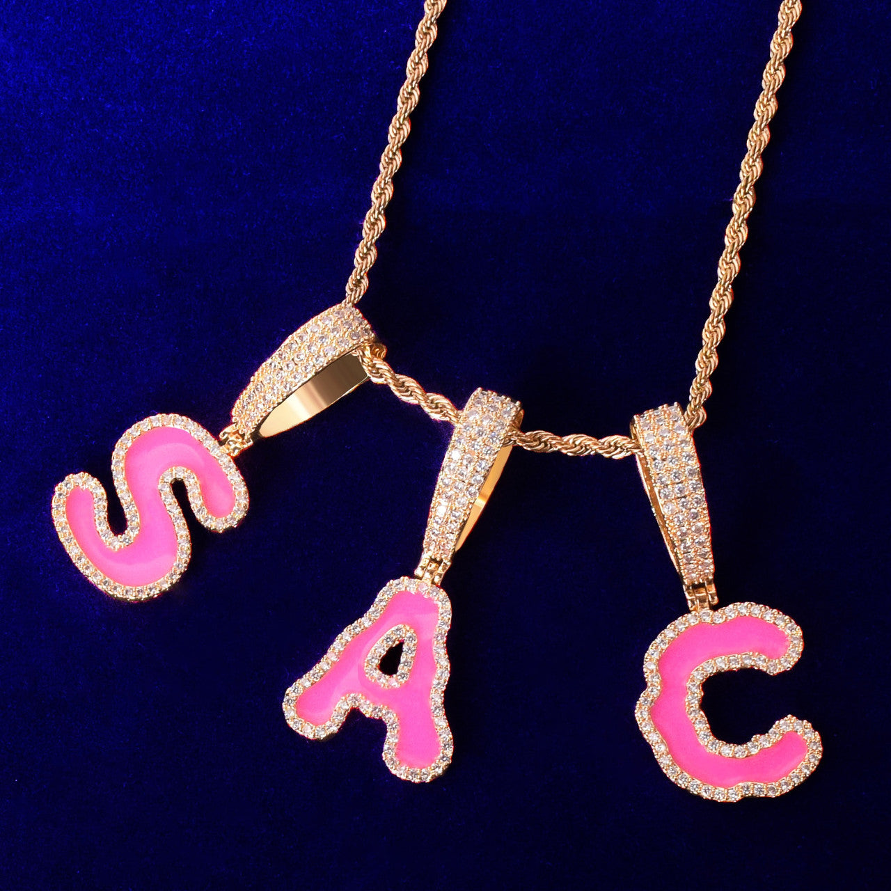 Flooded Ice Hot Pink Single Letter AAA Micro Pave Bling Initial Pendant Chain Necklaces
