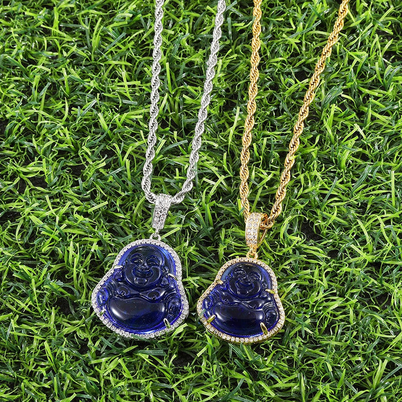 14k Gold Stainless Steel Hip Hop 8 Colors Flooded Ice Buddha Pendant Chain Necklace