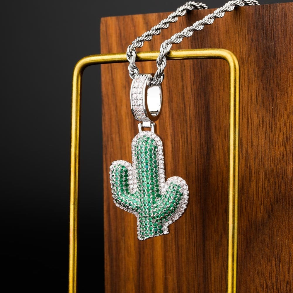 18k Gold 925 Silver Hip Hop Green Cactus Bling Pendant Chain Necklace