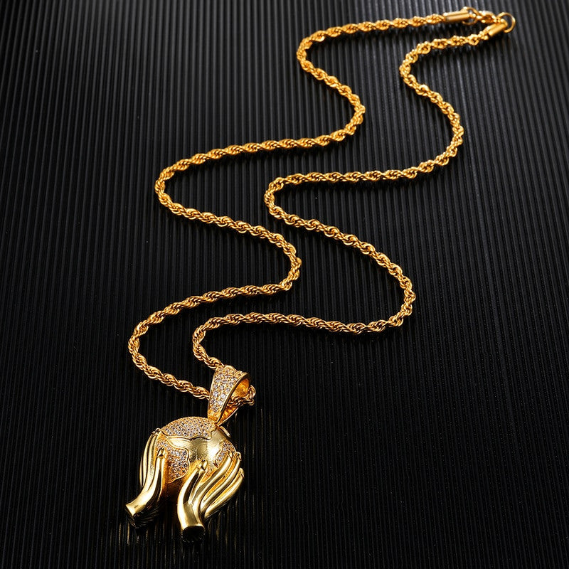 The World In My Hands Hip Hop AAA Handset Flooded Ice Pendant Chain Necklace