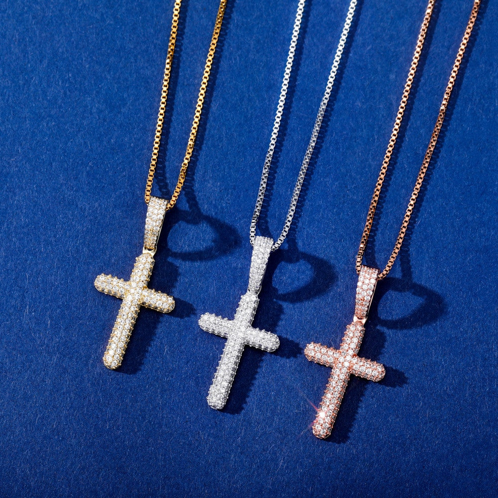 Flooded Ice Prong Set Cluster Stone Solid 925 Sterling Silver Iced Cross Bling Pendant Necklace