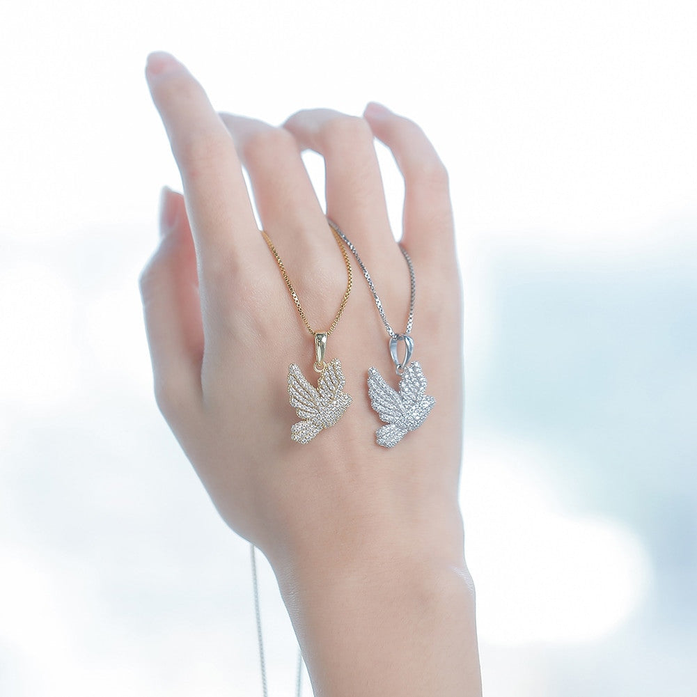 Ladies .925 Sterling Silver Spiritual Peace Dove Impression 3A Simulate Diamond Stone Necklace