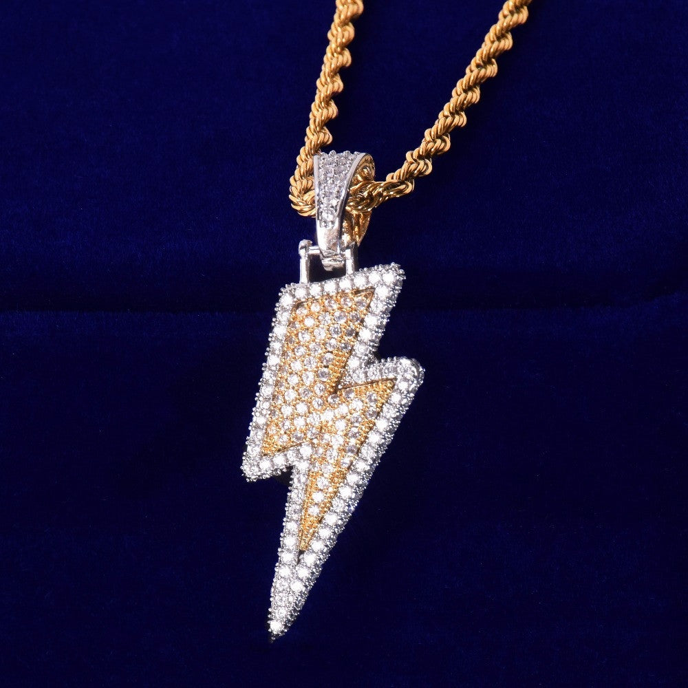 18k Gold .925 Silver AAA Micro Paved Lightning Strike Hip Hop Pendant Chain Necklace