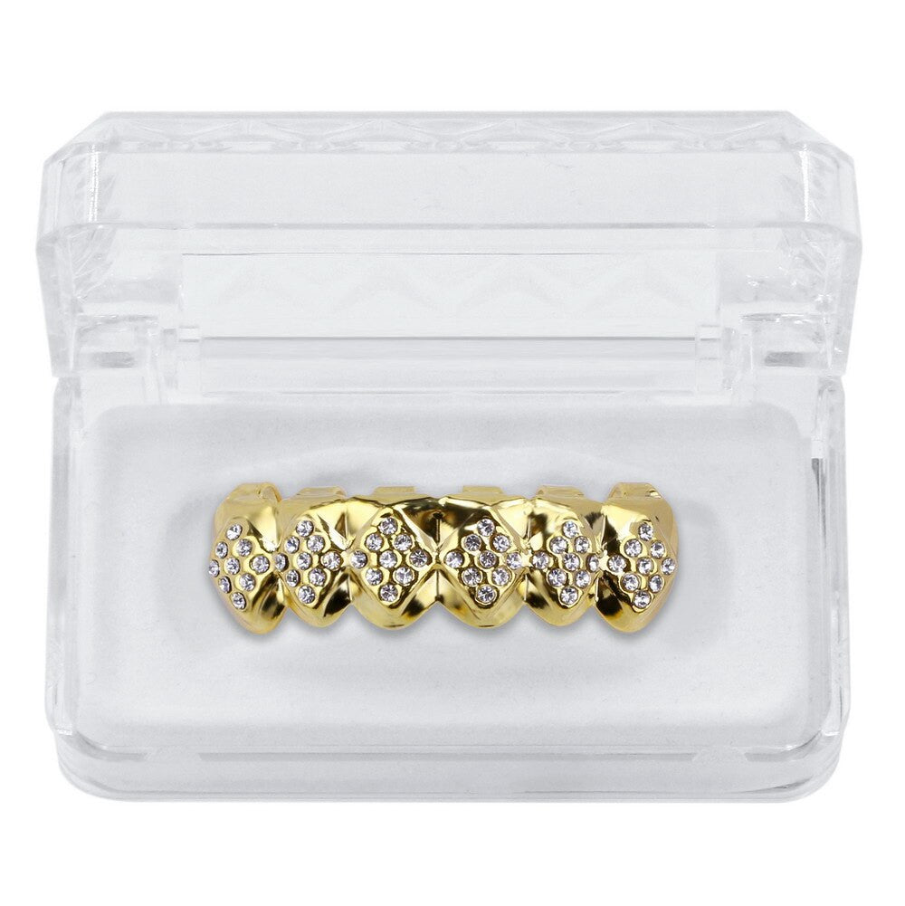 14k Gold Flooded Simulated Diamond Ice Hip Hop Teeth Tooth Grillz Top Bottom Set