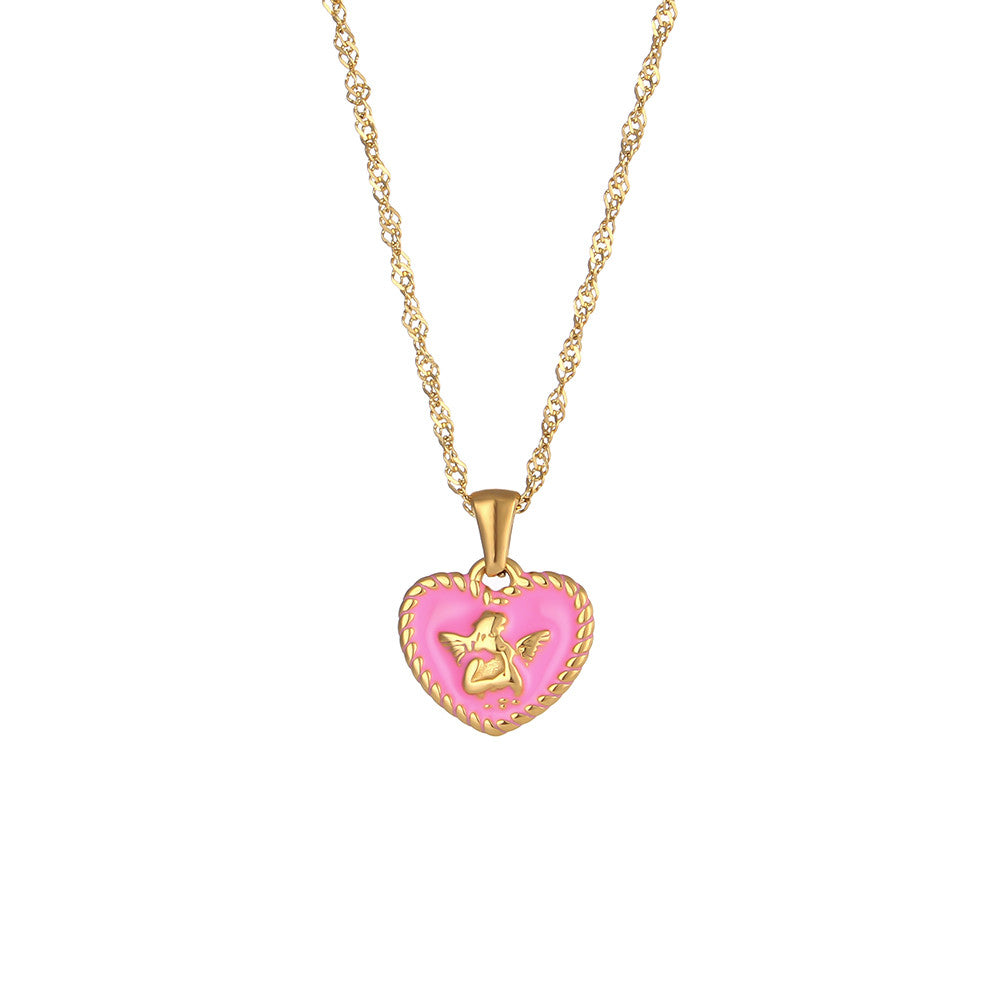 18k Gold Stainless Steel Tarnish Free Angel Heart Enamel Pendant Necklaces