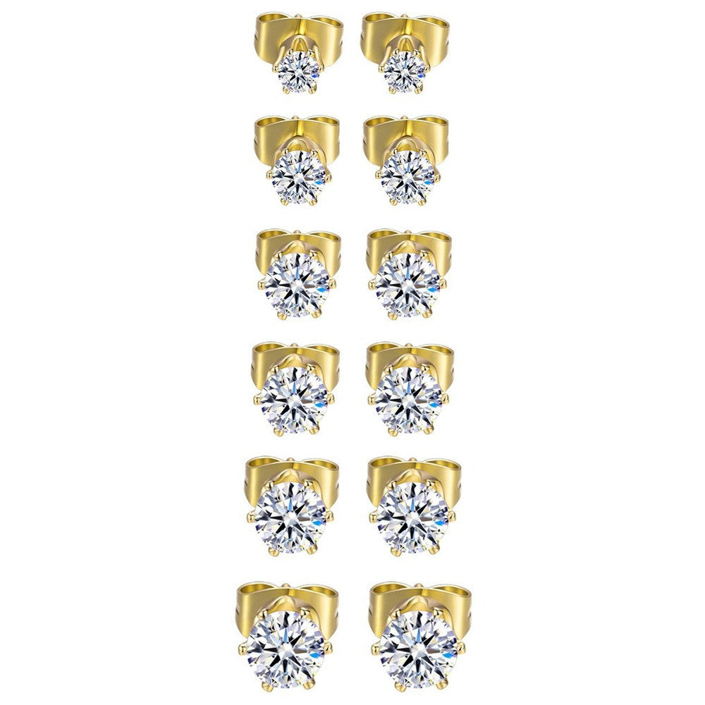 Mens Womens 6 Pair No Fade Stainless Steel 3A CZ Stone 3mm -8mm Bling Bling Earrings