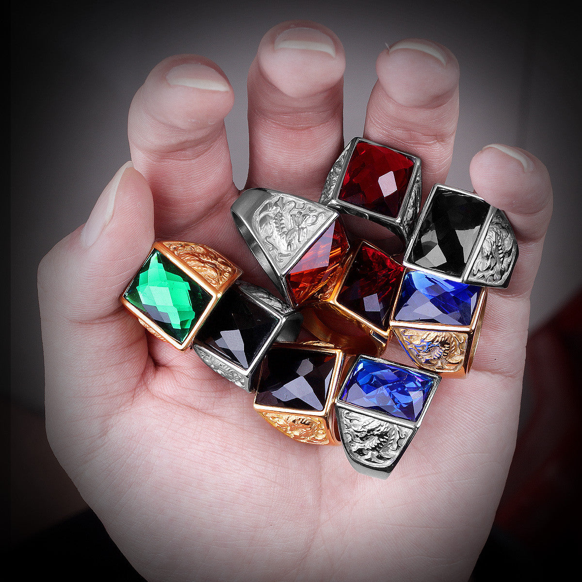 Mens Gemstone Phoenix Dragon No Fade 14k Gold Over Stainless Steel Street Wear Bling Rings