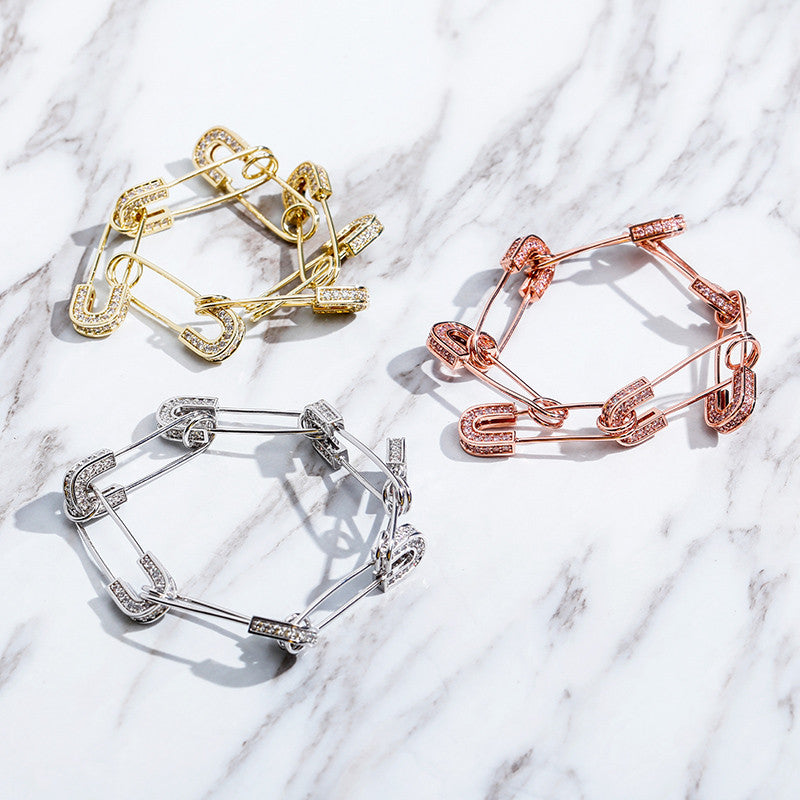 14k Gold .925 Silver Rose Gold AAA Micro Pave Safety Pin Hip Hop Bracelet