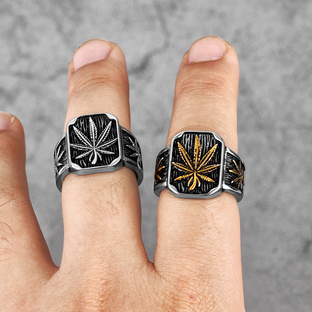 Mens 316L No Fade Stainless Steel Street Style Hemp Leaves Hip Hop Unique Rings