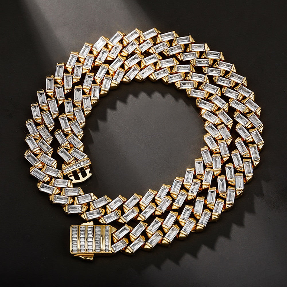 Channel Set 12MM All Baguette Cuban Link Hip Hop White Yellow Gold Bling Chain Necklace