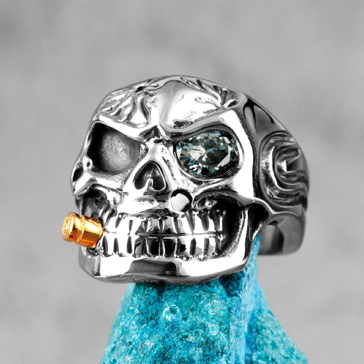 The General | 14k Gold over Stainless Steel Smoking Soldier Skull Biker Ring