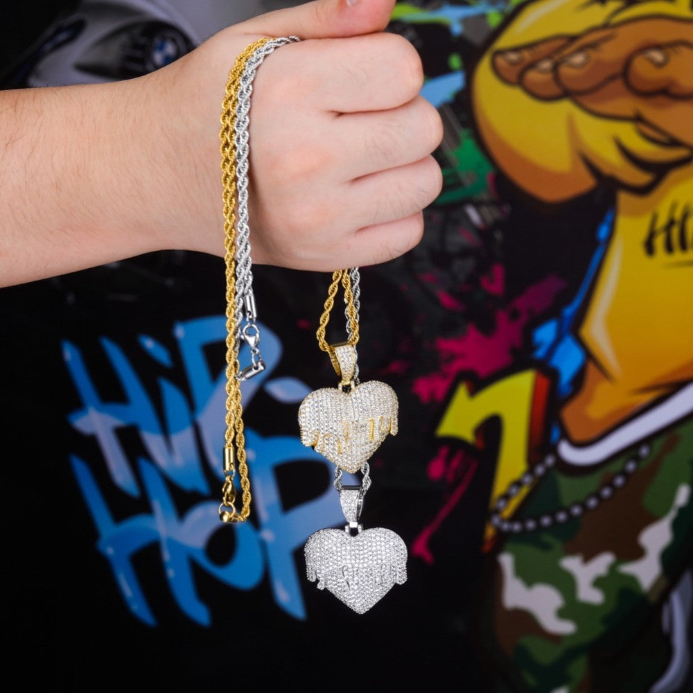 Love Overflow Flooded Ice Hip Hop Heart Bling Pendant Chain Necklace