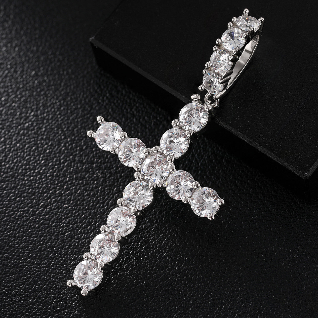 Mens Genuine Diamond Flooded Ice Cross Hip Hop Pendant Chain Necklace