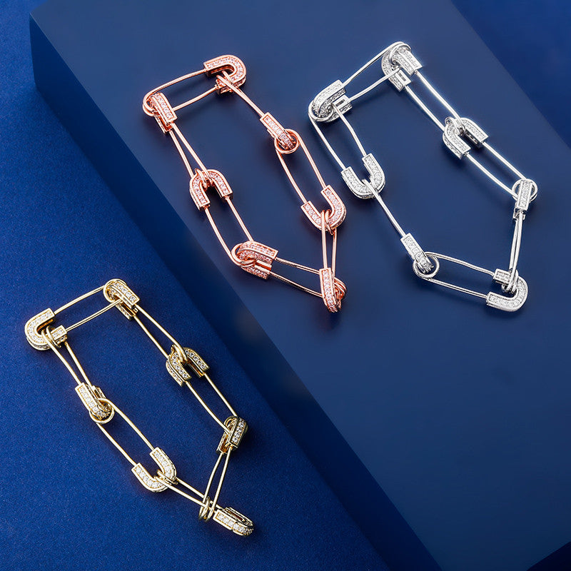 14k Gold .925 Silver Rose Gold AAA Micro Pave Safety Pin Hip Hop Bracelet