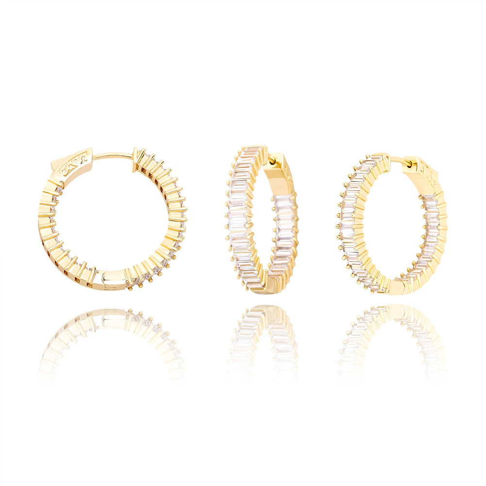 Street Wear Fashion Iced Baguette Yellow White Rose Gold Hoop Earrings