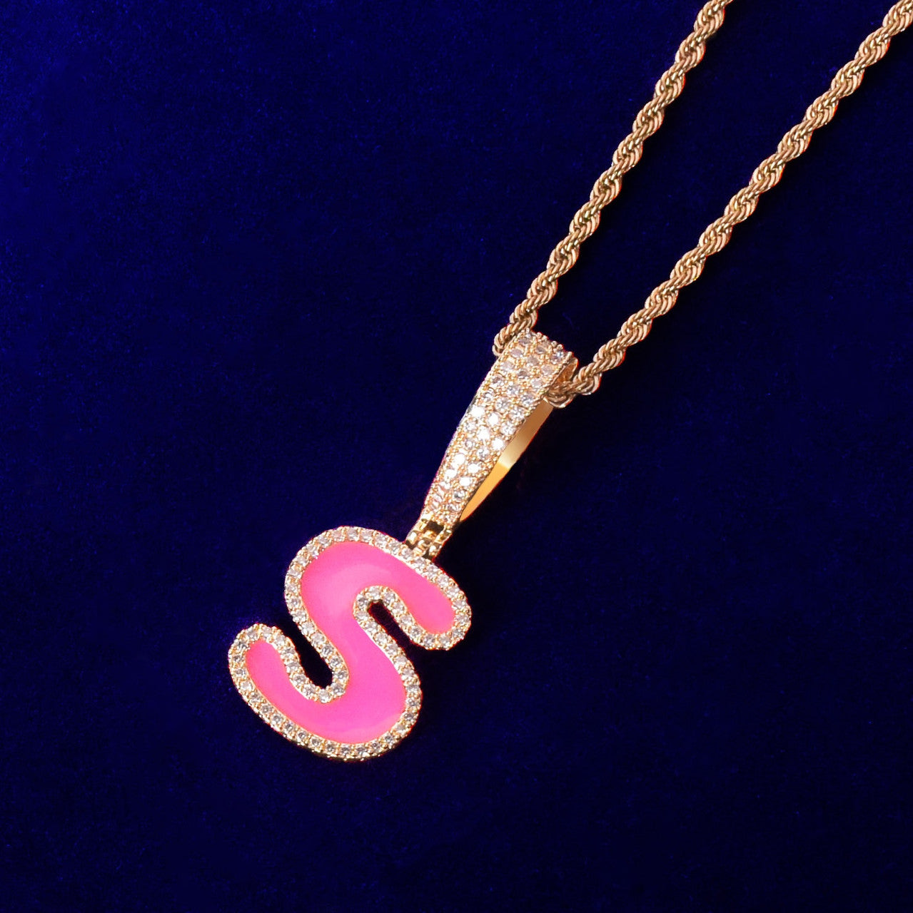 Flooded Ice Hot Pink Single Letter AAA Micro Pave Bling Initial Pendant Chain Necklaces