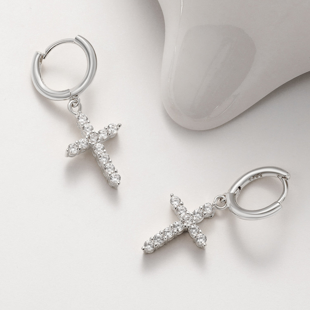 Solid 925 Sterling Silver Huggie Cross Hip Hop Iced Blinged Out Earrings