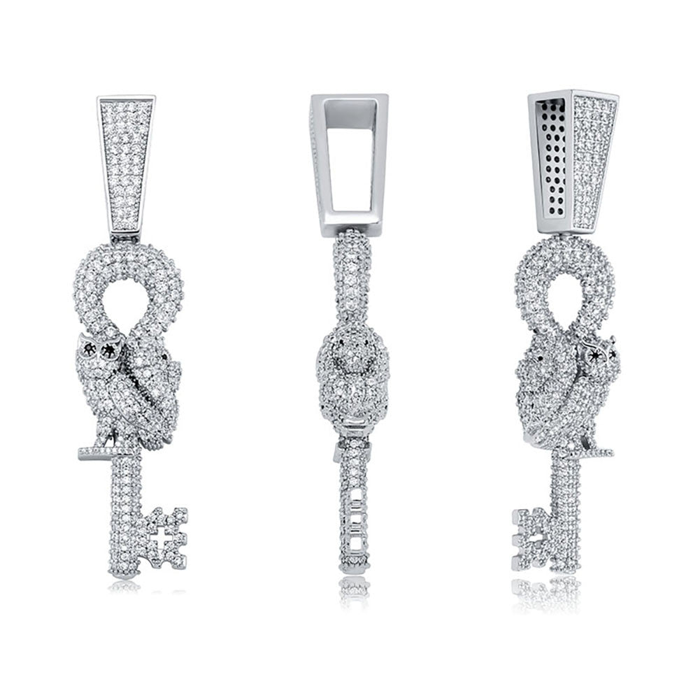 Hip Hop Flooded Ice Wise Owl Skeleton Key Bling Pendant Chain Necklace