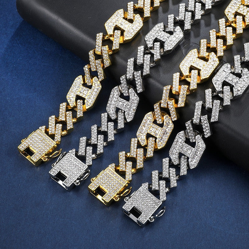 17mm 18k Gold .925 Silver Designer Princes Cut Flooded Ice Cuban Link Bracelet Chain Jewelry Set