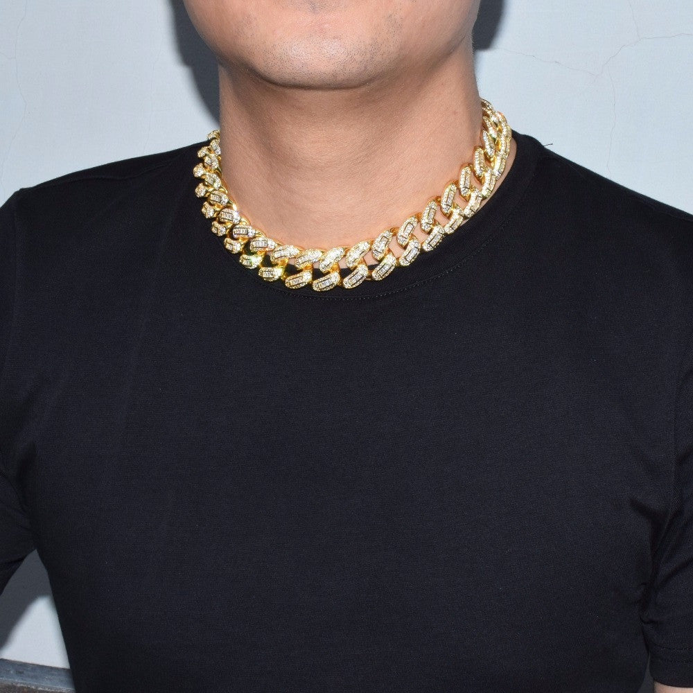 24k Gold Baguette 3AAA Miami Cuban Link Chain Bracelet Hip Hop Jewelry Set