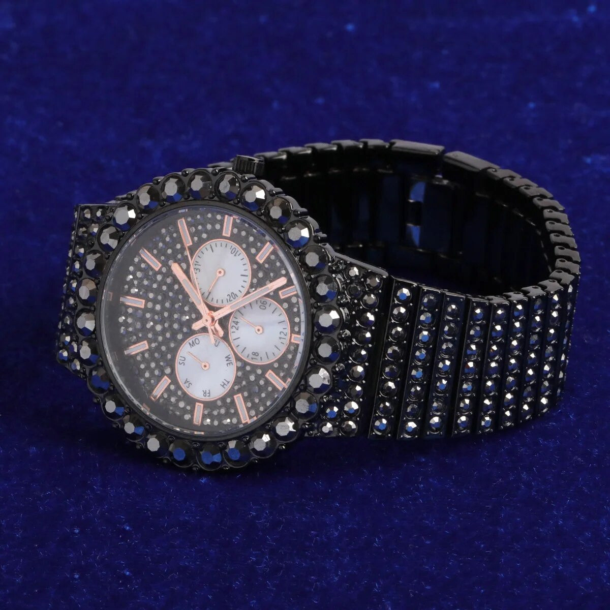 Classic Iced Bezel 18k Gold Black Stainless Steel Hip Hip Wrist Watches