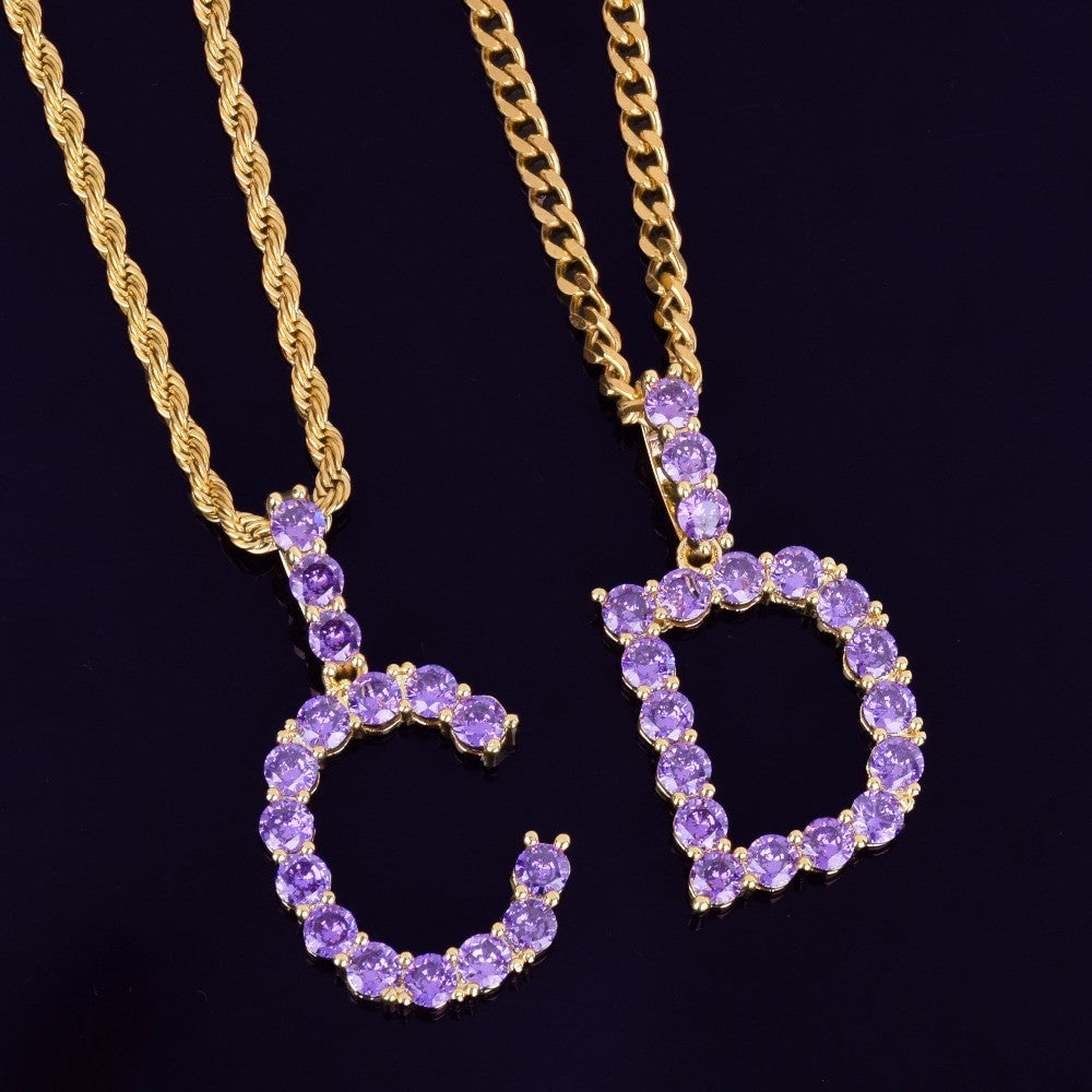 Iced Purple Candy Stone Flooded Ice Hip Hop Tennis Letters Pendant Chain Necklace