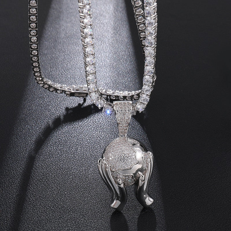 The World In My Hands Hip Hop AAA Handset Flooded Ice Pendant Chain Necklace
