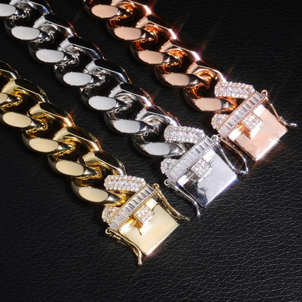 Iced 18mm Long Lock Clasp Blinged Out AAA Baguette Prong Pave Setting Cuban Link Chain Necklace