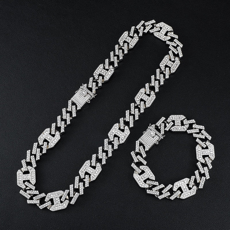 17mm 18k Gold .925 Silver Designer Princes Cut Flooded Ice Cuban Link Bracelet Chain Jewelry Set