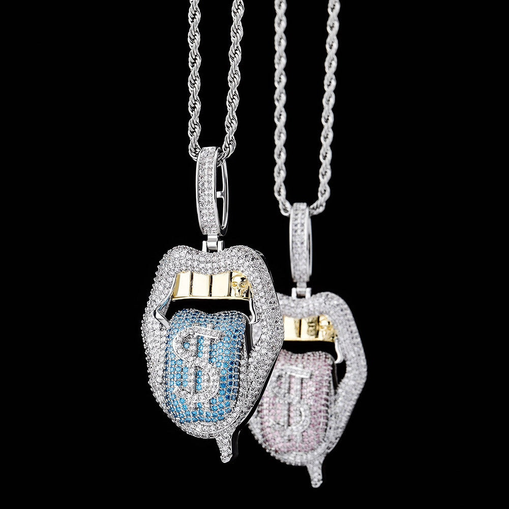 Pink Blue Cash Money Tongue Hot Girl Gold Grillz Hip Hop Pendant Chain Necklace