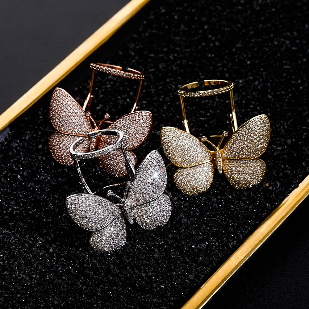 18k 925 Silver Rose Gold Ladies AAA True Micro Pave 3D Butterfly Hip Fashion Ring