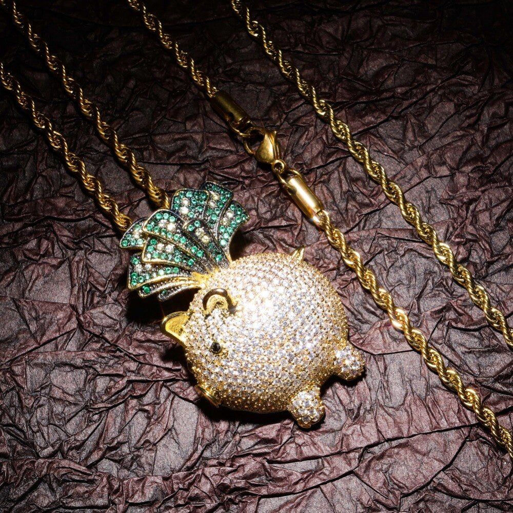 Money In The Bang Little Pig Piggy Bank Dollars Hip Hop Pendant Chain Necklace