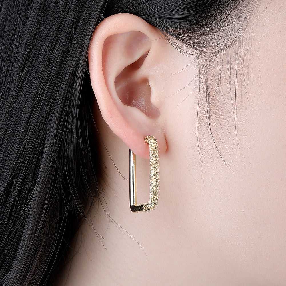 Ladies Square Hoop Cut Street Wear Fashion Flooded Ice Bling Bling Earrings